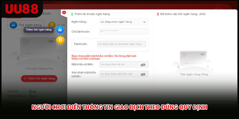 Người chơi điền thông tin giao dịch theo đúng quy định